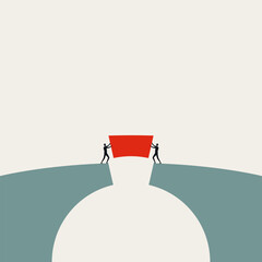 Business Cooperation and Teamwork Concept with Professionals Finishing a Bridge to Connect Success and Goals. Minimal Vector Illustration