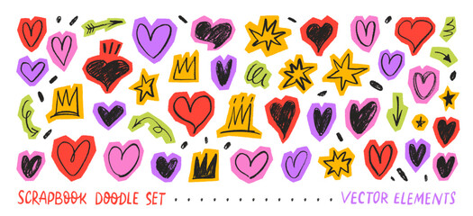 Colorful funky hearts, crown and star scrapbook stickers set. Crayon drawn scribble doodle collage elements. Vector scrapbook collage stickers for hand drawn journaling, dairy, notebooks.