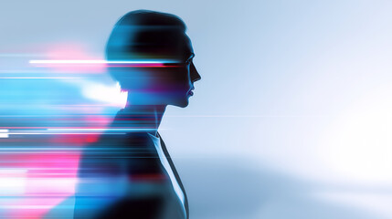 A solitary man walks through a futuristic blurred cityscape symbolizing speed, transition, and modern urban life. 