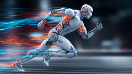High-speed humanoid robot running with blazing energy trails symbolizing the rapid acceleration and explosive growth of artificial intelligence. 