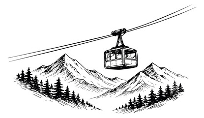 Hand drawn line art illustration of a cable car over mountains and pine trees depicting a scenic mountain landscape for travel and adventure concepts