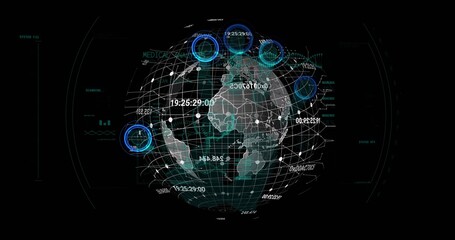 Displaying 3D hologram globe projecting mesh grid and network links in HUD with timestamps