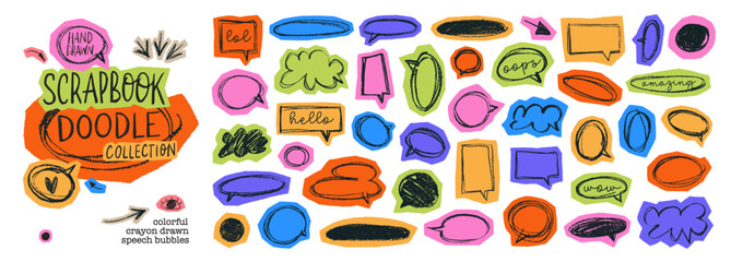 Funky y2k speech bubble scrapbook collection. Torn paper bubble shapes for dialogue, message and text. Comic colorful scrapbook collage speech bubbles. Hand drawn vector sketch balloons.