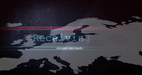 Displaying stylized Europe map pulsing on cyber HUD, showing Receiving overlay and encrypted data