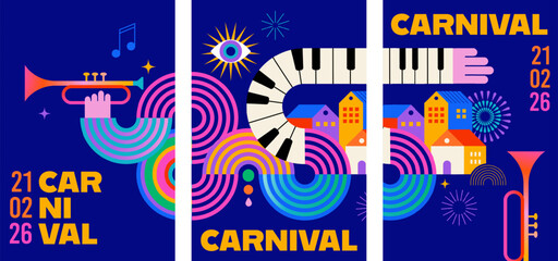 Colorful carnival and music festival vertical poster set with abstract musical instruments