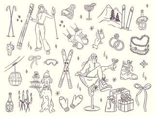 Hand drawn winter ski and apres ski illustration set in whimsical doodle style. Includes skiers, snowboard, clothing, equipment, cocktails and holiday elements. Cute line art, vintage look, isolated