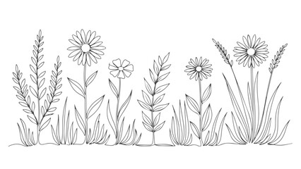 Continuous one line art illustration of a meadow with various plants and flowers, elegant vector drawing