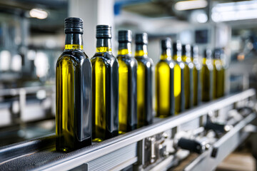 Tall, dark olive oil bottles move smoothly on a conveyor belt, bathed in natural light that highlights the elegance of modern packaging