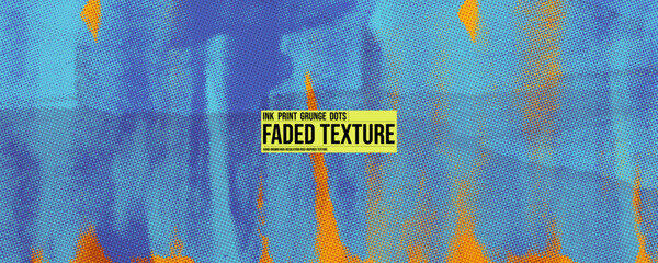 Blue orange riso graph texture print background template with text. Underwater motif background with halftone screen overlay. Editable halftone risograph texture. Printmaking banner design.