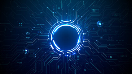 Glowing AI circuit portal with neon HUD elements and digital tech lines spreading across futuristic background. Sci-fi interface design with bright blue cyber patterns. Digital vector illustration.