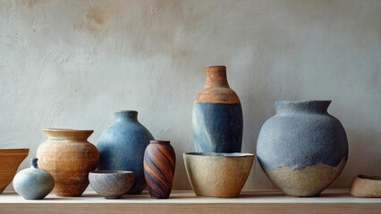 Assorted ceramic vases and bowls in blue and earthy tones arranged on a wooden shelf. Concept Ceramic Vases, Blue and Earth Tones, Wooden Shelf Display, Clay Bowls, Rustic Table Decor