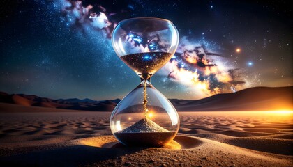 A large hourglass stands in a desert under a star-filled sky, symbolizing time and cosmic wonder.