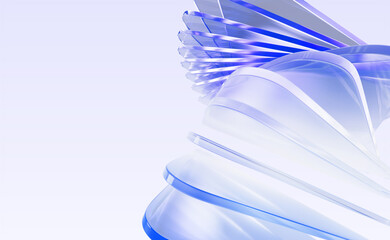 Abstract glass 3d background with layered effect, pastel light purple blue gradient. Render dynamic wave line pattern of crystal glossy shapes, graphic array. Futuristic tech banner. 3D illustration