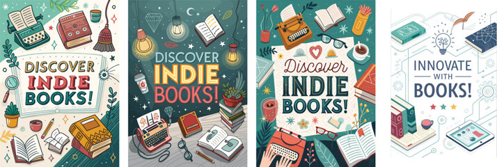 Creative poster designs for indie books at a book fair promoting innovation and creativity
