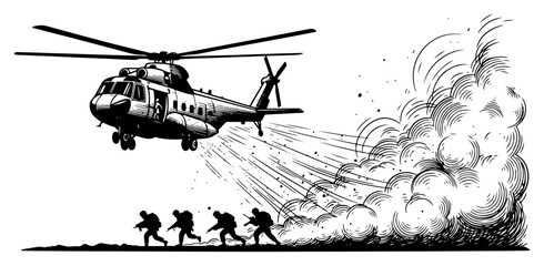 vintage woodcut illustration of military helicopter and soldiers running near dust cloud
