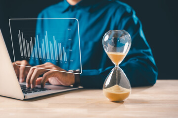 Hourglass time glass hour sand clock concept displays business urgency deadline, person optimizing growth goals on laptop, analyzing data, timer countdown flowing