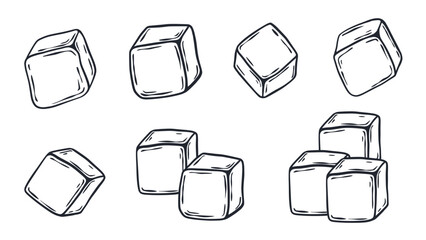  Set ice cubes illustration in doodle sketch style. Hand-drawn ink icons of square pieces of frozen water. Ice for cooling drinks, clip art. Vector graphics