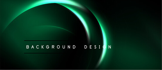 Dark green abstract background. Overlapping curved shapes create glowing neon effect. Modern design suitable for digital projects.