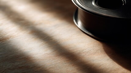 Close-up of antique film reel on wooden surface, dramatic shadows, representing Sundance Film Festival and indie cinema