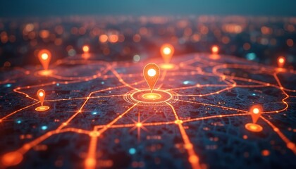 Abstract photo shows digital map with glowing location markers and connected routes. Concept represents targeted advertising tech location based services smart city data visualization.