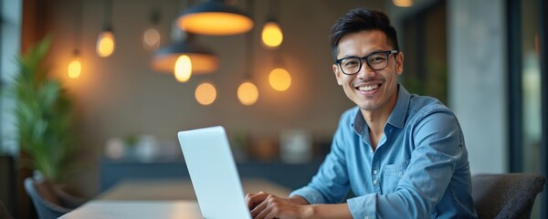 Smiling asian man works on laptop in bright office. Wears eyeglasses, blue shirt. Freelancer student uses computer for work. Modern workplace interior, tech lighting concept. Cheerful employee poses