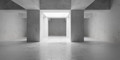 Modern brutalism concrete room or gallery with beams and pillars and center light shaft - industrial interior background template