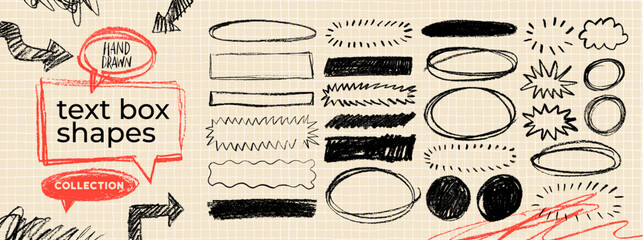 Crayon drawn text box collection. Rectangle and round shapes with pencil sketch texture. Vector ink illustration. Grunge crayon outline text boxes for notes. Hand drawn texture doodle shapes.