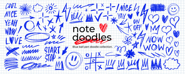 Blue pen scratch doodle and short phrases collection for hand drawn notes, journaling and graphic design. Thin blue marker doodles and scribbles, hand drawn stickers, emphasis vector elements.