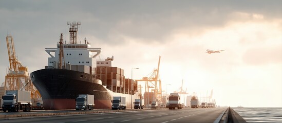 Cargo ship docked at a port with trucks transporting containers on the road and an airplane flying above, symbolizing global trade