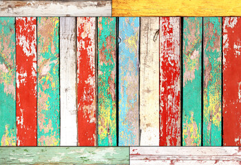 Texture of vintage wood board with cracked paint in various hues. Horizontal retro background with wooden plank with old paint of different color. Full pattern for banner or skinali with wood panels