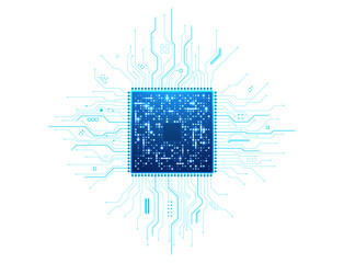 Isolated microchip with luminous wiring on a transparent background. High-tech processor featuring glowing blue electronic pathways and intricate hardware details. Digital vector illustration.
