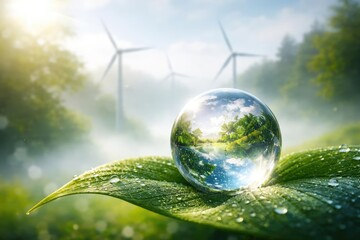 Representation of a sustainable planet with a crystal sphere on a leaf and a misty wind turbine backdrop