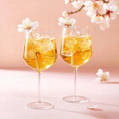 Spring cocktail floral drink iced beverage wine glass golden liquid pastel background blossom flower romantic mood Refreshing spring cocktail with