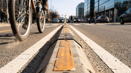 Low angle view of a cyclist in motion on an urban street. City transportation, active lifestyle, and ecological commute