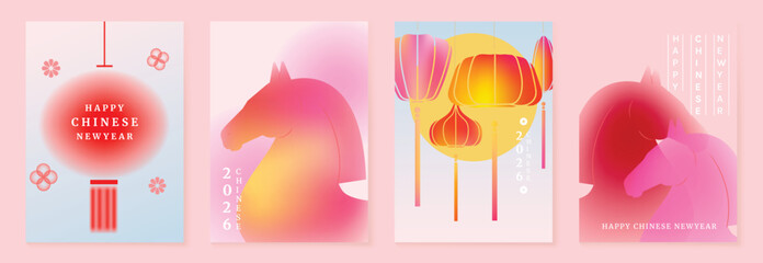 Happy Chinese New Year 2026 Year of the Horse greeting card vector set with gradient red lanterns and zodiac horse illustration. Modern festive design for posters and invitations.