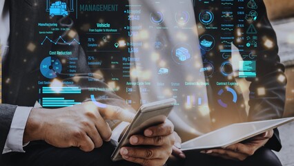 Supply chain management interface showing delivery routes, warehouse efficiency, cost savings, vehicle tracking, procurement ROI, and contract stages. Futuristic supply chain monitoring system. Thunk