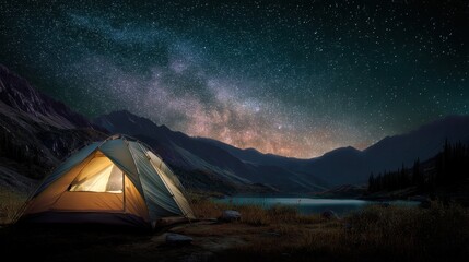 Illuminated camping tent under a clear night sky with milky way and mountains. Adventure and travel concept for outdoor lifestyle.