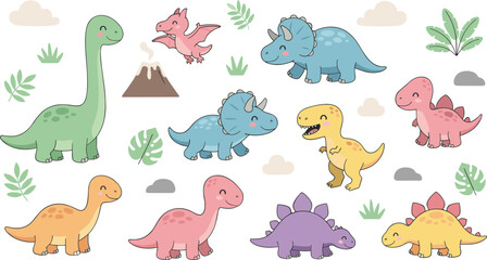 Cute Baby Dinosaur Illustration Set – adorable cartoon dinosaurs including brontosaurus, triceratops, stegosaurus, T-rex, pterodactyl, and baby dinos with volcano, leaves, and clouds .