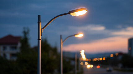 Modern LED street lighting poles illuminating urban area at twilight city infrastructure public lighting municipal services energy efficient streetlights urban