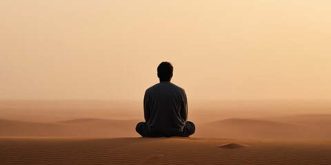 Man sitting in quiet contemplation on a desert landscape at dawn, embracing mindfulness and a sense of freedom
