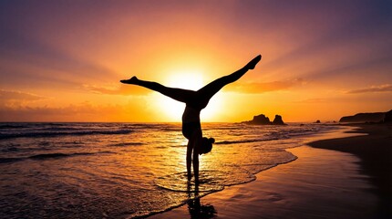 Silhouette yoga woman handstand beach sunset. Gymnastics split balance. Healthy lifestyle vitality. Meditation wellness concept. Zen mind body harmony. Physical fitness. Golden hour.