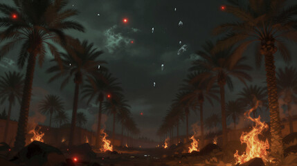 Plague of Hail and Fire over a Palm-Lined Egyptian Desert: Glowing Embers and White Ice in a Dark Green Sky