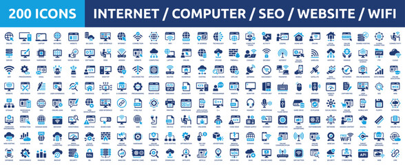 Huge set of 200 solid icons. Mega collection concept of internet, computer, SEO, website and Wifi. Vector illustration.