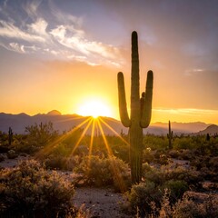 Desert sunset behind a large cactus with bright golden rays