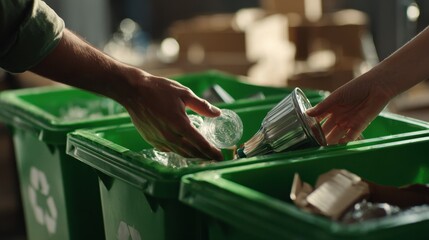 Sorting materials at a recycling center during the day with multiple bins