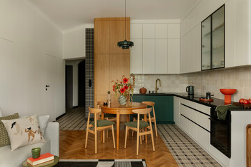 Stylish Apartment Interior with Wood and White Accents and Dining Area