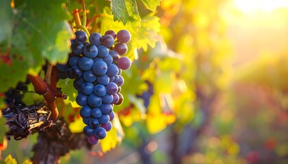 Close-up of ripe dark grapes hanging on a vine in a vineyard during sunset.