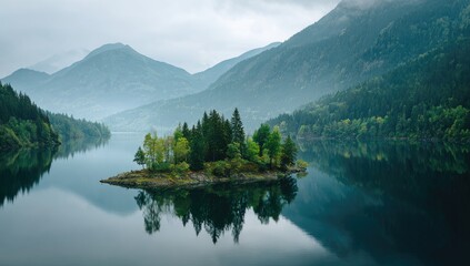 Serene island nestled in lake with mountains fading into misty sky