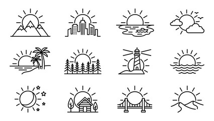 Sunrise sunset line icon collection. Mountain cityscape ocean beach palm forest lighthouse bridge cabin. Minimalist landscape scenes. Travel nature environment symbols