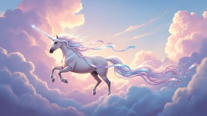 Magical white unicorn flying through fluffy pink and blue clouds. Suitable for fantasy themed designs, childrens books, and inspirational content.